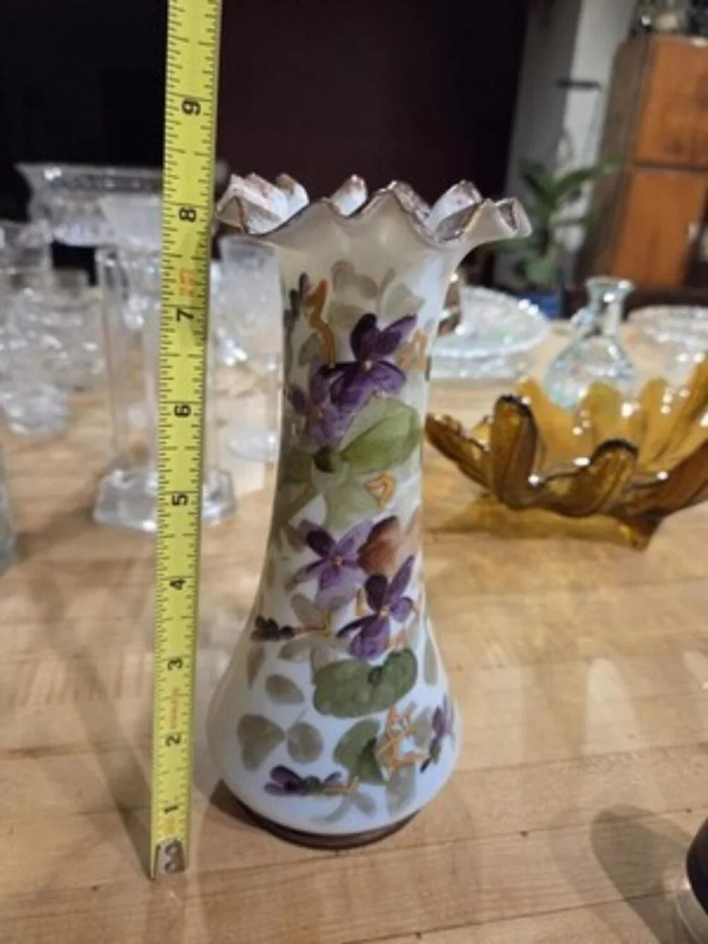 Antique Victorian Bristol Glass Vase, Hand-Painted, Ruffled Top, Rough Pontil